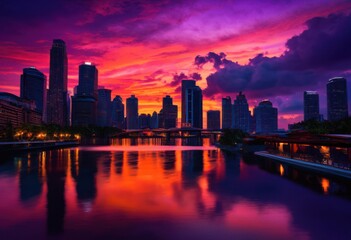 Fototapeta premium stunning sunset skyline featuring dark silhouettes various structures vibrant sky, buildings, horizon, colors, dusk, evening, clouds, light, orange, purple