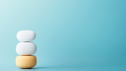 White sea pebble stone stack on light blue background. stack of zen stones on blue . copy space for text