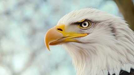 Fototapeta premium A close up of a bald eagle with yellow eyes and beak, AI