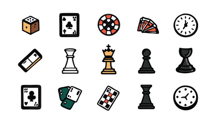 Hand-drawn set of board game elements, including dice, playing cards, a chessboard, a clock and chess pieces.
