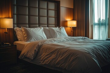 Fototapeta premium Luxurious Hotel Room with a King-Sized Bed and Nightstands