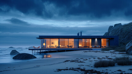 Fototapeta premium A beautifully designed modern house is perched atop a rugged rocky cliff, offering stunning views of the ocean below during the quiet night