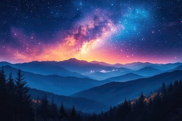 majestic night sky over a silhouetted mountain range showcasing the milky way and a sea of stars above a tranquil forest
