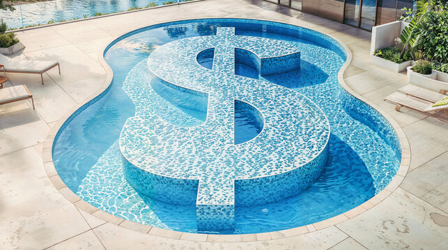 Modern luxury pool in the shape of a dollar sign, surrounded by a sleek patio with sun loungers. Symbolizes wealth, high-end living, financial success, and affluence