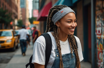 Smiling African American Woman with Braided Hair in Denim Overalls Walking Through City Streets