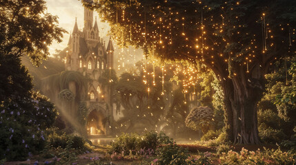 Obraz premium Enchanted forest scene with gothic castle illuminated by warm light, magical floating lanterns and fireflies. Lush vegetation, misty atmosphere. Fairytale background setting with ethereal glow