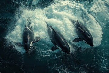 Obraz premium majestic scene of orca pod breaching amid turbulent ocean waves sleek black and white forms contrast dramatically with foamy bluegreen sea capturing power and grace