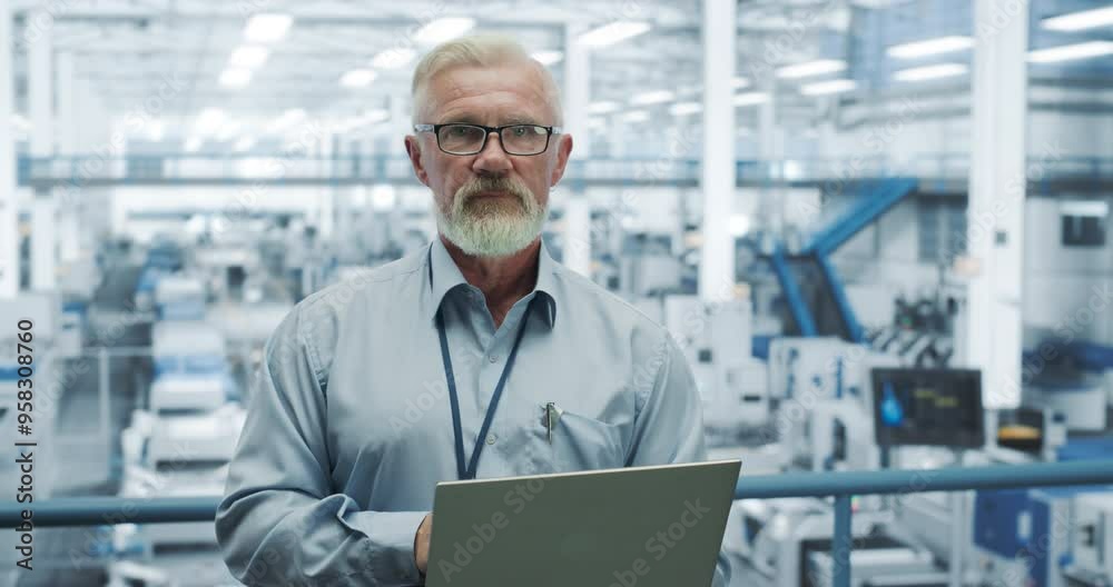 Leinwandbilder portrait of a handsome middle aged engineer with a beard and glasses using laptop computer and looki