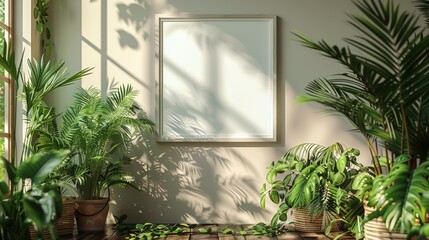 Blank frame mockup in a room with potted plants and sunlight.