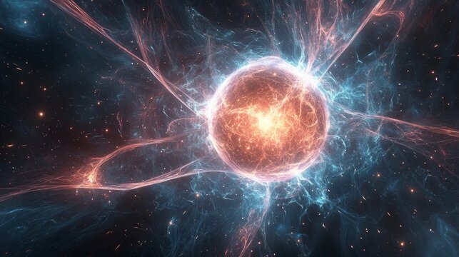 Ethereal Antiparticle in Cosmic Void, an otherworldly glowing antiparticle floats amidst swirling energy waves, luminous particles, and a deep cosmic landscape filled with faint stars and nebulas.