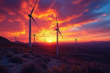 majestic wind turbines silhouetted against vibrant sunset sky rotating blades catching golden light rolling hills in foreground symbol of renewable energy