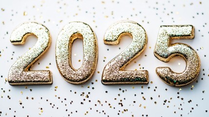 Golden Glitter 2025 for Happy New Year Celebration on White Background