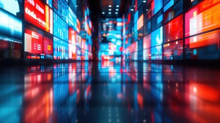 Blurred wall of television screens broadcasting 24/7 news and media. Concept of internet, AI, and nonstop data.	