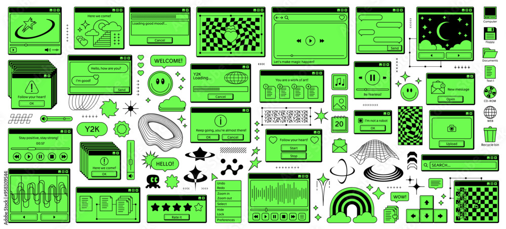 Poster Y2k retro rave window browser stickers in vibrant neon green. Vector set includes playful icons and nostalgic computer graphics, interface menu elements in style of early 2000s modern internet culture