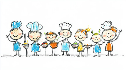 A hand-drawn illustration of happy cartoon chefs, each holding a bowl of food, standing together in a row.