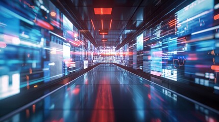 Blurred wall of television screens broadcasting 24/7 news and media. Concept of internet, AI, and nonstop data.	