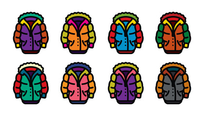 Original vector icon set in vintage style. Warm puffy winter jacket with hood.