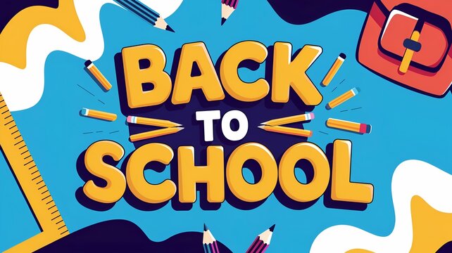School education concept in cartoon style. Back to school. Welcome text on chalkboard with colored pencils and space for text. Creative web banner or web template