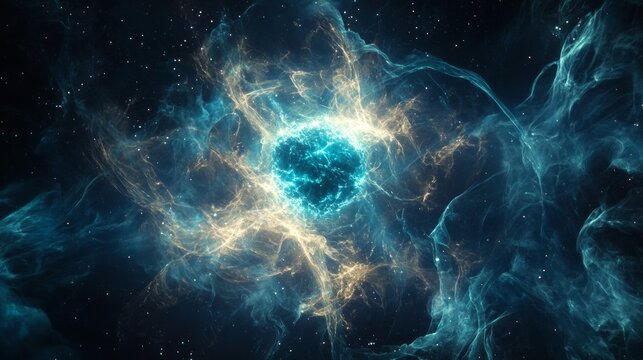 Ethereal Antiparticle in Cosmic Void, a glowing antiparticle floats amidst swirling energy waves, luminous particles, and a mysterious cosmic backdrop of stars and nebulas.