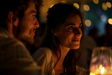 Romantic dinner, anniversary celebration, cozy restaurant cafe date, Generative AI image