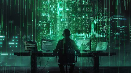 Hacking Attack: Alone Hacker in Dark Ambient Cyber Space Surrounded by Green Codes
