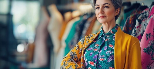 Obraz premium Portrait of young beautiful pretty woman fashion designer stylish stand and working with color textile samples.Attractive woman working with mannequins and colorful fabrics at fashion studio 