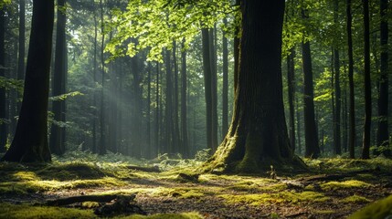 Fototapeta premium Serene Forest Sanctuary, a peaceful woodland retreat filled with lush greenery, gentle rustling leaves, and the calming sounds of nature, perfect for deep reflection and meditation.