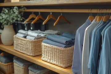 minimalist closet organization sleek grey storage baskets carefully curated clothing items on wooden hangers clean lines neutral color palette decluttered lifestyle concept