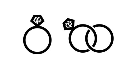 Elegant and timeless, these minimalistic wedding and engagement ring icons symbolize eternal love commitment. Perfect for wedding invitations, romantic designs and other. Vector illustration concept.