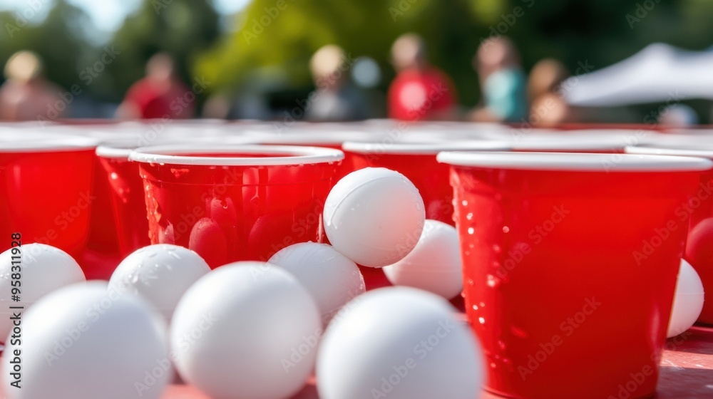 Canvas Prints A group of red cups with white balls in them on a table, AI