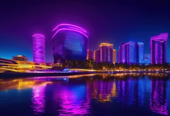 Fototapeta premium vibrant nighttime view featuring shimmering reflections water colorful lights illuminated structures, city, skyline, illumination, landscape, architecture, glow