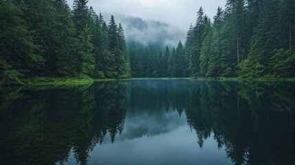 Obraz premium Tranquil Lake Reflection, a peaceful body of water mirroring the calmness of meditation, surrounded by lush greenery, inviting stillness and deep contemplation.