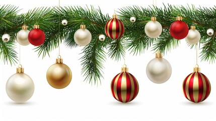 Christmas Border With Pine Branches, Red, Gold And White Ornaments. Isolated On White Background
