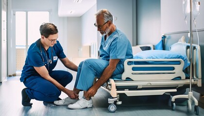 Male nurse helping patient put on shoes.