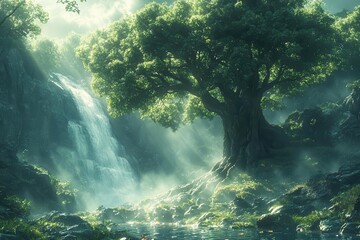 Obraz premium misty emerald valley after rainfall with glistening leaves cascading waterfalls and ethereal fog swirling around ancient trees
