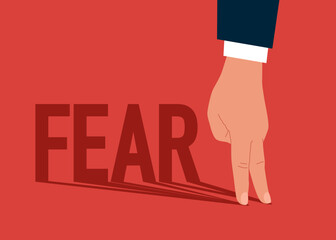 Hand standing with shadow FEAR word. Overcoming fear concept. Flat vector illustration. Modern vector illustration in flat style