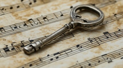 Antique key on vintage sheet music background