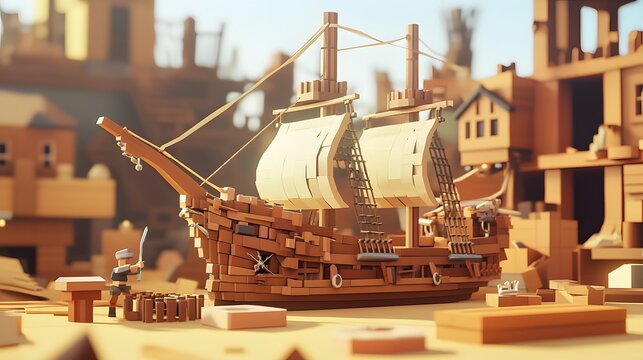 Low-poly 3D pirate ship being repaired in a shipyard, ship with blocky details and various wooden parts scattered around, geometric tools and low-poly workers, bright daylight with practical