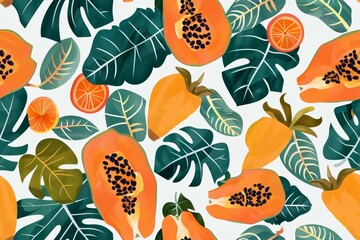 Vibrant Tropical Fruit Pattern of Papayas and Leaves on a Light Background