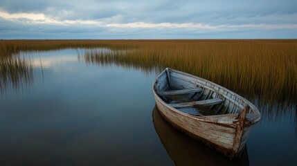 Obraz premium Forgotten Vessel in Serene Marsh, an old weathered boat rests partially submerged in a tranquil marsh, surrounded by lush greenery and calm waters, evoking a sense of nostalgia.