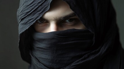 Serious young man is covering most of his face with a black cloth