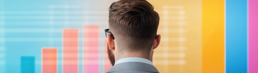 Obraz premium A businessman analyzes colorful graphs and data trends, symbolizing growth and progress in the corporate environment.