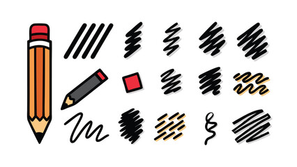 Illustration of a pencil and a pen, with several examples of different strokes, lines, and patterns.