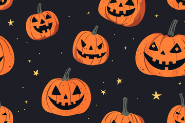 Halloween pumpkin seamless banner. Spooky squash lanterns silhouettes, scary jack-o-lanterns halloween flat vector background illustration. Halloween holiday party endless poster