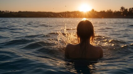 Fototapeta premium woman in the sea, takin bath at sunset, tropical travel 