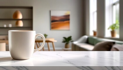 A white mug on a marble countertop, overlooking a bright and airy kitchen, perfect for a peaceful morning coffee or tea. 3