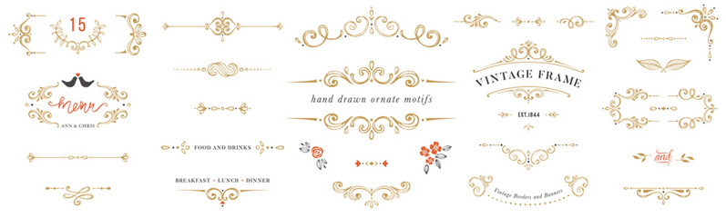 Golden ornate handdrawn elements, frames, labels, scroll, logos, floral motifs. For page decoration, greeting cards, invitations, menu. Vector illustration.
