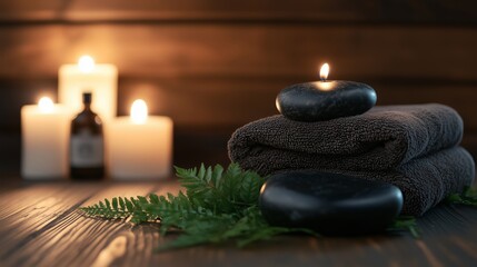 Relaxing spa setting with smooth black stones, soft towels, and flickering candles in a tranquil environment at night