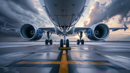 A large passenger jet is currently parked on a runway as the sunset paints the sky with beautiful colors and hues during evening hours