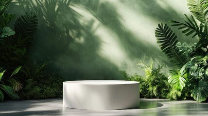 Chic white podium in a 3D abstract minimal design, featuring a rich green forest backdrop.